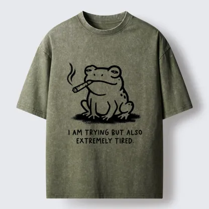 Magmoo Hardworking But Tired Frog Washed T-Shirt