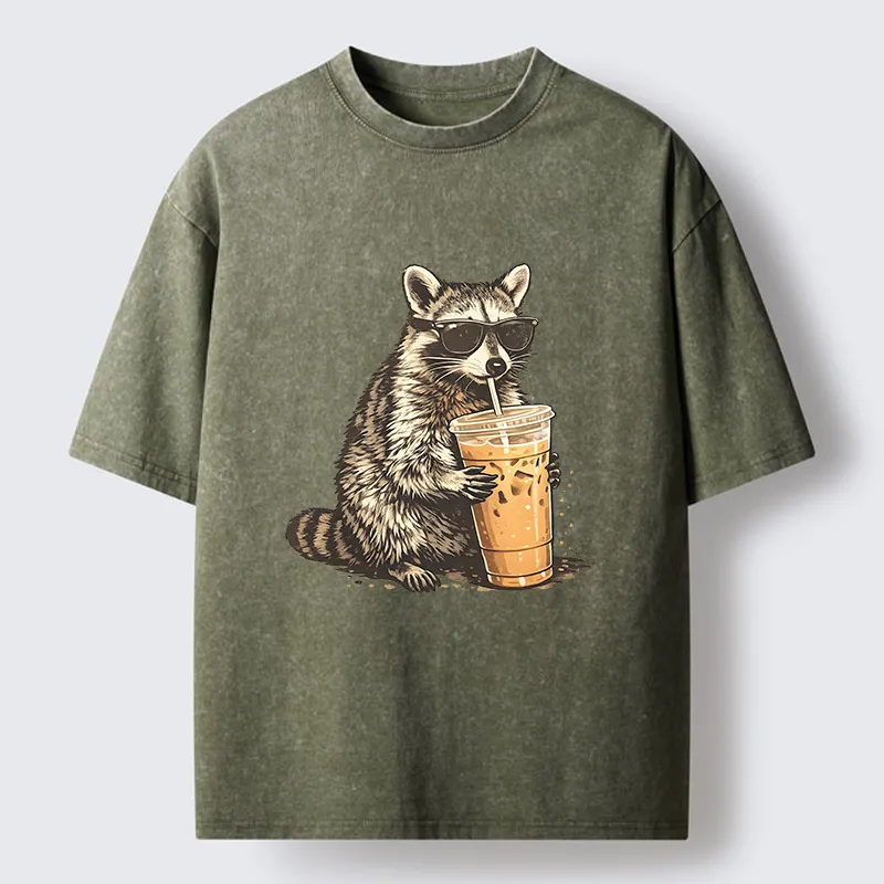 Magmoo Raccoon Drinking Coffee Funny Washed T-Shirt