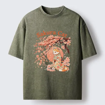 Magmoo Cat Under The Sakura Washed T-Shirt-Magmoo