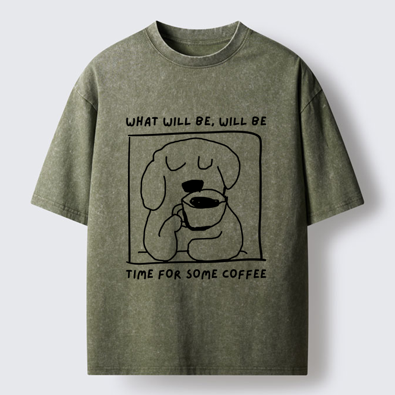 Magmoo Puppy Drinks Coffee Washed T-Shirt-Magmoo
