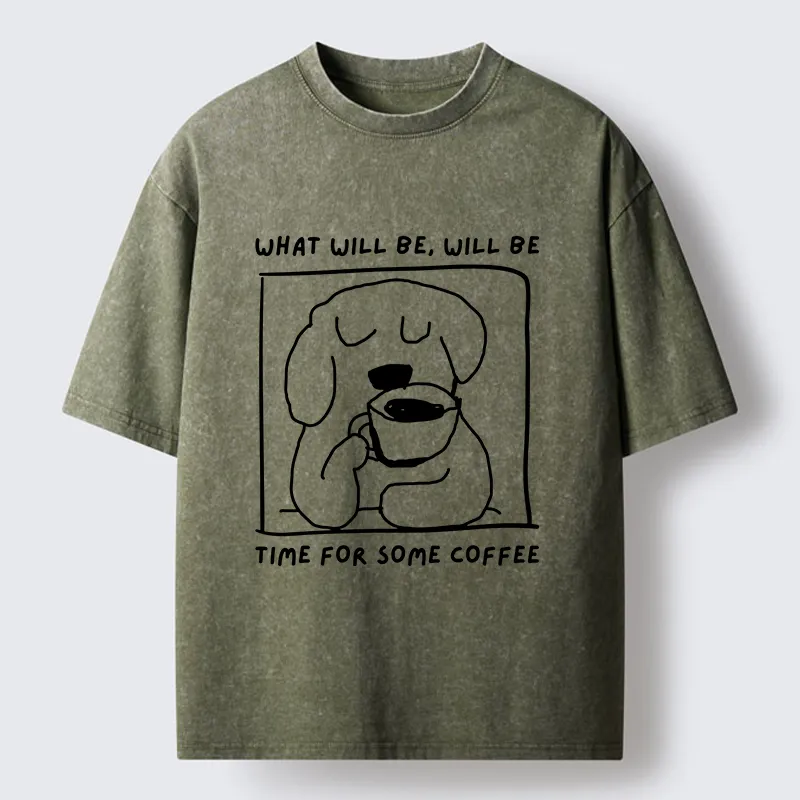 Magmoo Puppy Drinks Coffee Washed T-Shirt-Magmoo