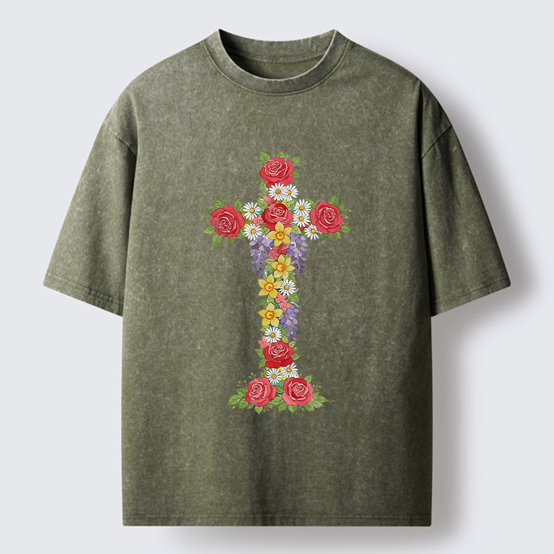 Magmoo Flower Cross Washed T-Shirt-Magmoo