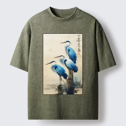 Magmoo Great Blue Heron Japan Washed T-Shirt-Magmoo
