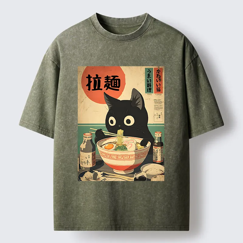 Magmoo Cat Is Eating Ramen At The Restaurant Washed T-Shirt-Magmoo