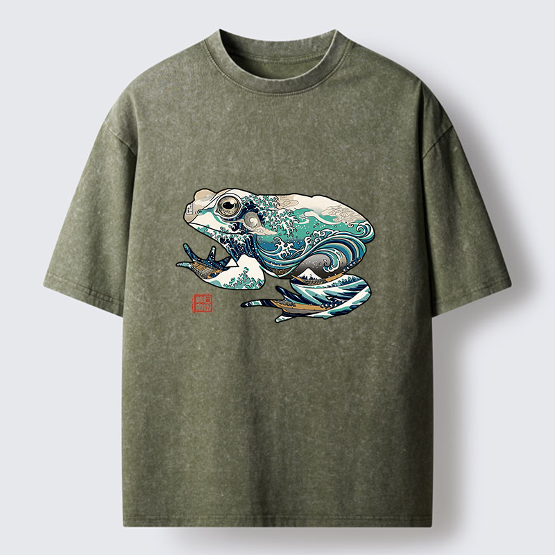 Magmoo Frogs And Ukiyo-e Waves Washed T-Shirt-Magmoo