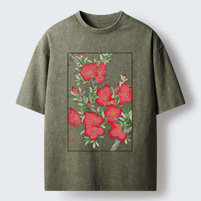 Magmoo Flower Blooms in Ukiyo-e Style Washed T-Shirt-Magmoo