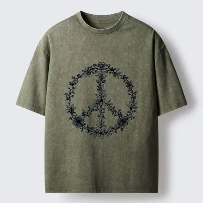 Magmoo Circle of Flower Peace Sign Washed T-Shirt-Magmoo