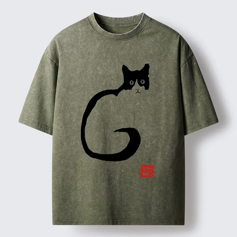 Magmoo Calm Cat in Simple Lines Washed T-Shirt-Magmoo