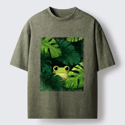 Magmoo Frog Hiding In Green Leaves Washed T-Shirt