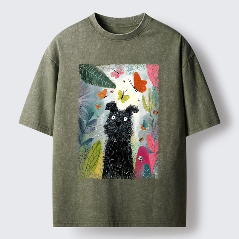 Magmoo Black Dog Among Colorful Butterflies Washed T-Shirt-Magmoo