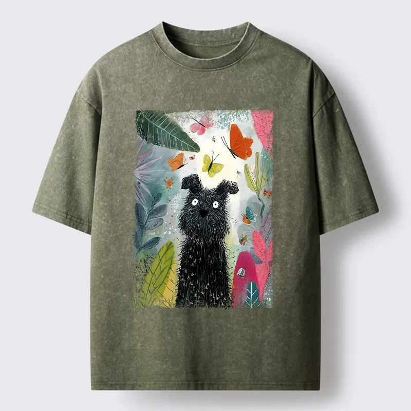 Magmoo Black Dog Among Colorful Butterflies Washed T-Shirt-Magmoo