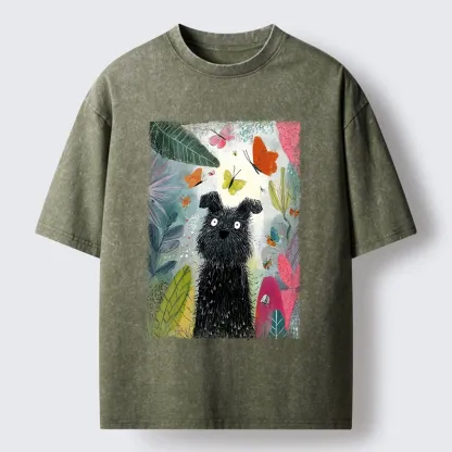 Magmoo Black Dog Among Colorful Butterflies Washed T-Shirt-Magmoo