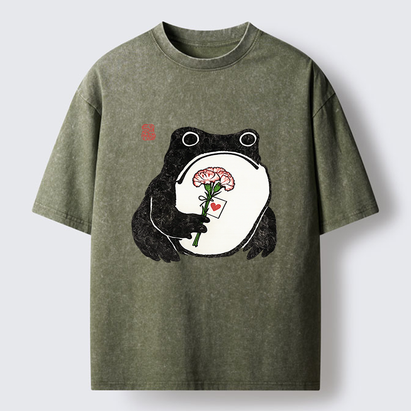 Magmoo The Frog Holding A Carnation Washed T-Shirt-Magmoo