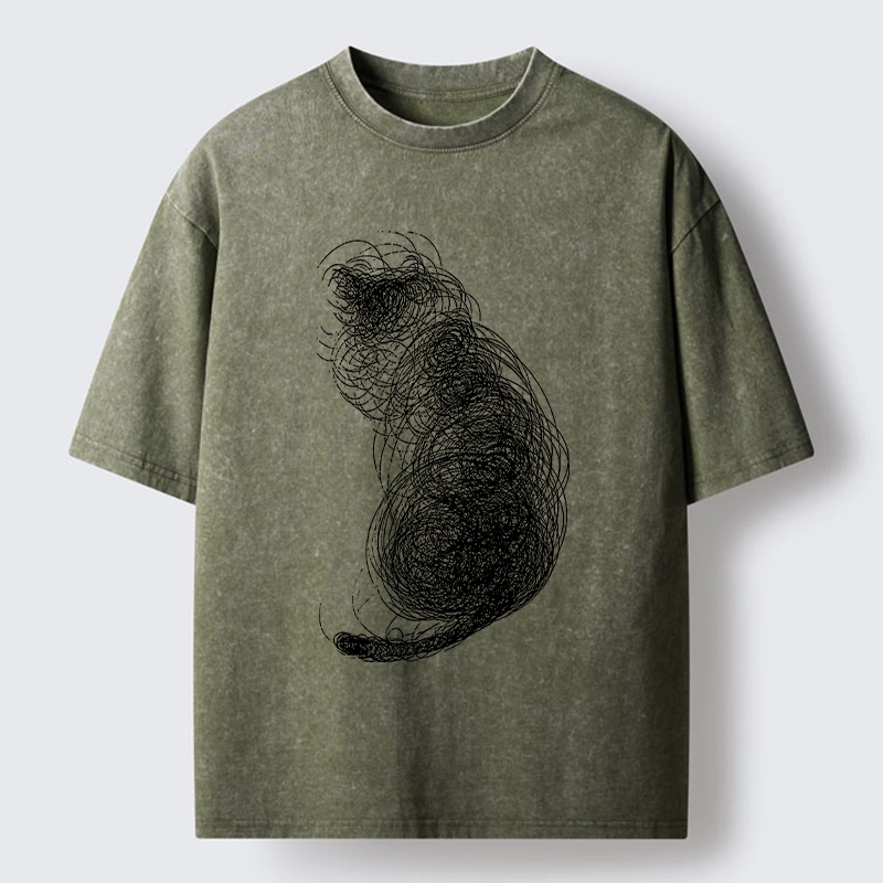 Magmoo Chaotic Line Art Of A Curled Cat Washed T-Shirt-Magmoo