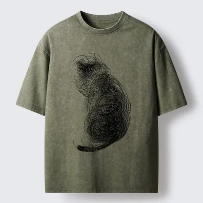 Magmoo Chaotic Line Art Of A Curled Cat Washed T-Shirt-Magmoo
