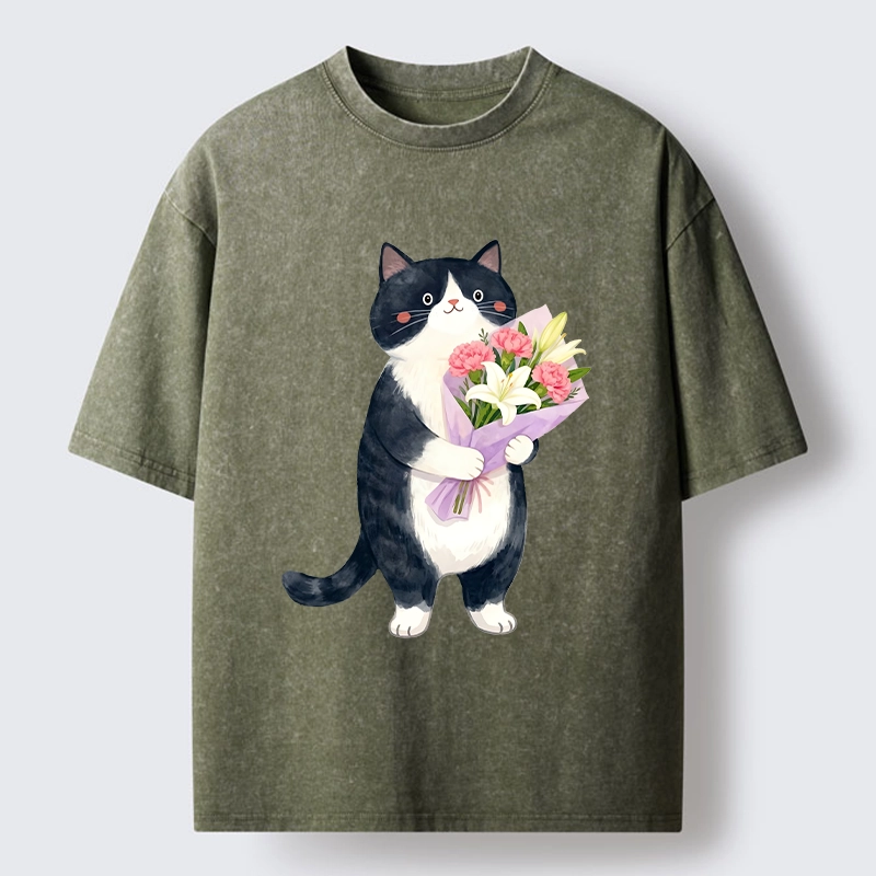 Magmoo Sweet Cat Delivers Flowers Washed T-Shirt-Magmoo