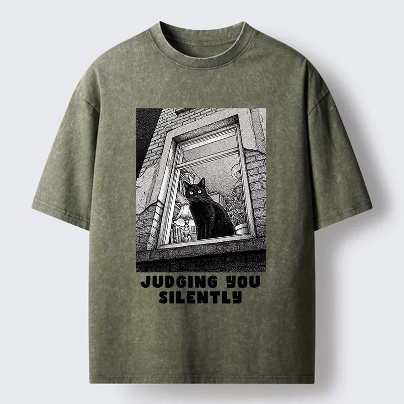 Magmoo The Judging Black Cat Washed T-Shirt-Magmoo