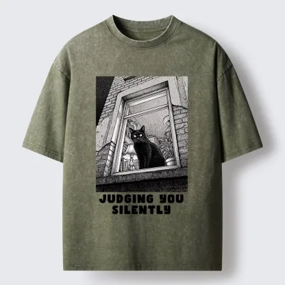 Magmoo The Judging Black Cat Washed T-Shirt-Magmoo