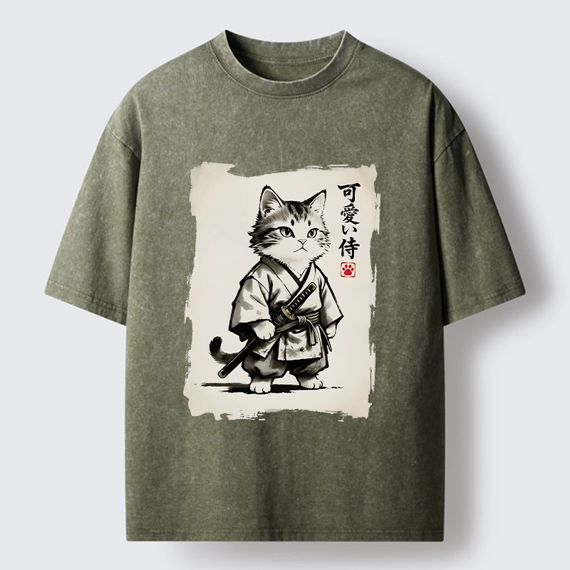 Magmoo Japanese Samurai Cat Illustration Washed T-Shirt