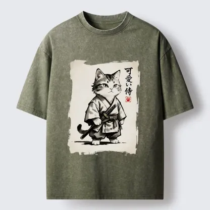 Magmoo Japanese Samurai Cat Illustration Washed T-Shirt