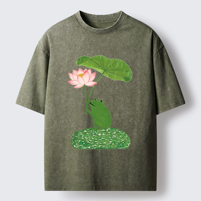 Magmoo Frog With Lotus Umbrella Meme Washed T-Shirt