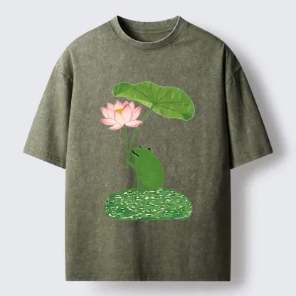 Magmoo Frog With Lotus Umbrella Meme Washed T-Shirt