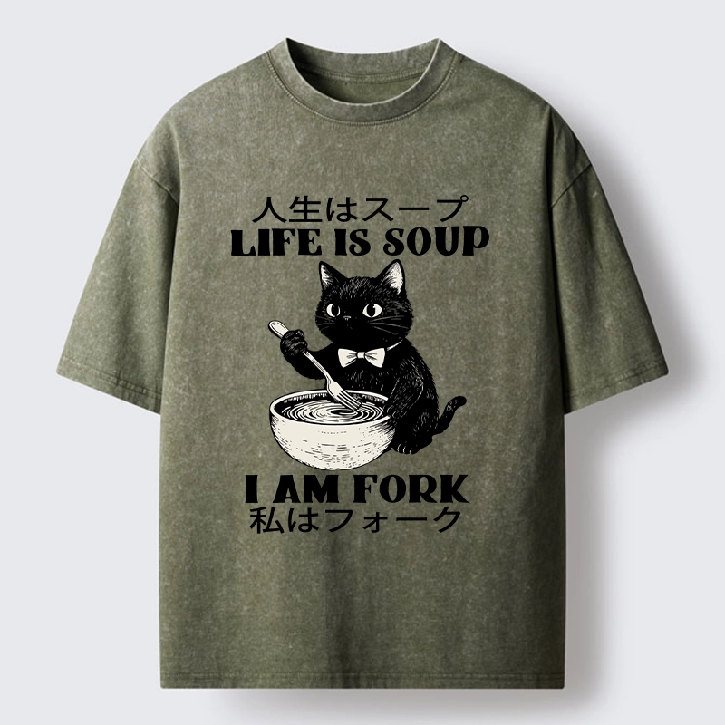 Magmoo Life Is Soup Cat Humor Meme Washed T-Shirt-Magmoo