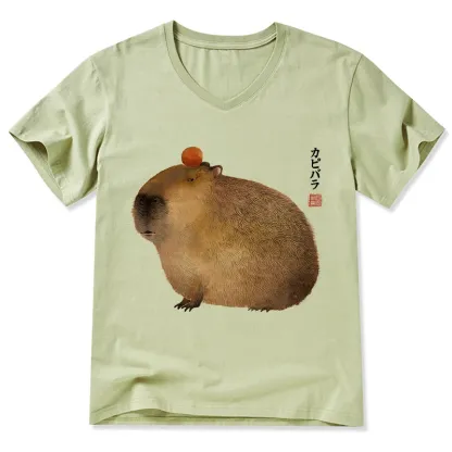 Magmoo Calm Capybara Illustration V-Neck Classic T-Shirt-Magmoo