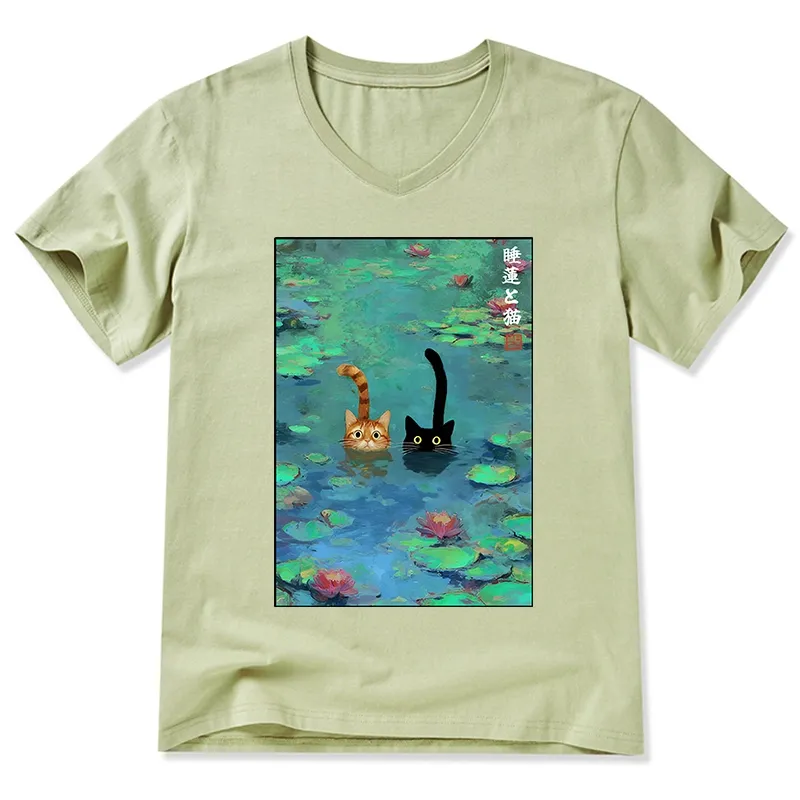 Magmoo Funny Cats Swimming In Lilies V-Neck Classic T-Shirt-Magmoo
