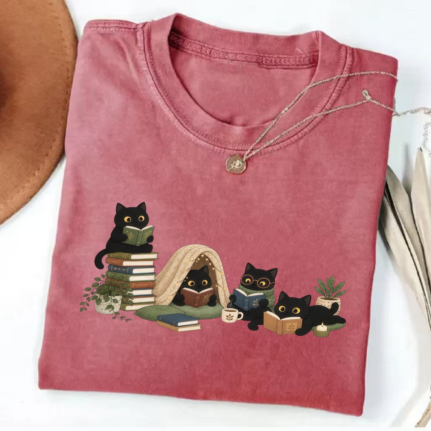 Magmoo Black Cat Reading T-shirt