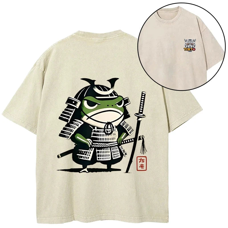 Magmoo Frog Samurai Japan Front Back Washed T-Shirt