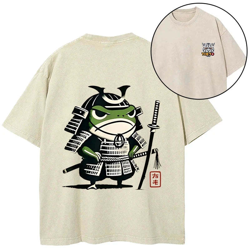 Magmoo Frog Samurai Japan Front Back Washed T-Shirt