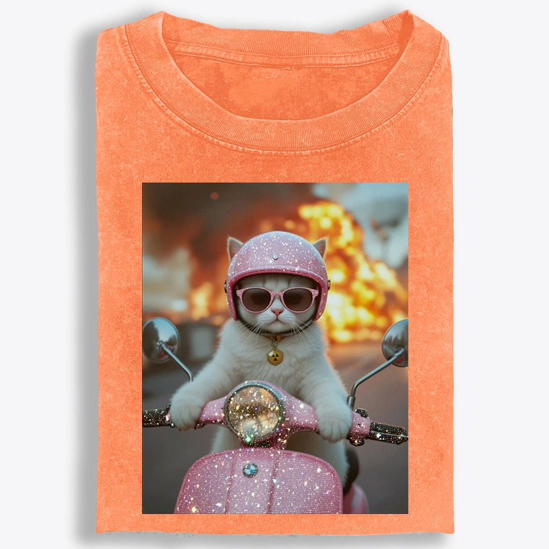 Pink Scooter Cat & Explosion Meme Retro Washed T-Shirt