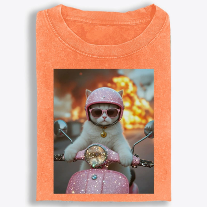 Pink Scooter Cat & Explosion Meme Retro Washed T-Shirt