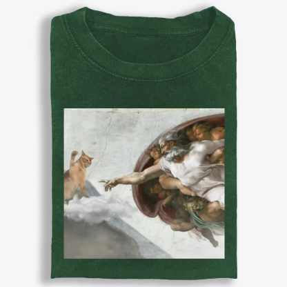 Cat Parody of The Creation of Adam Art Retro Washed T-Shirt