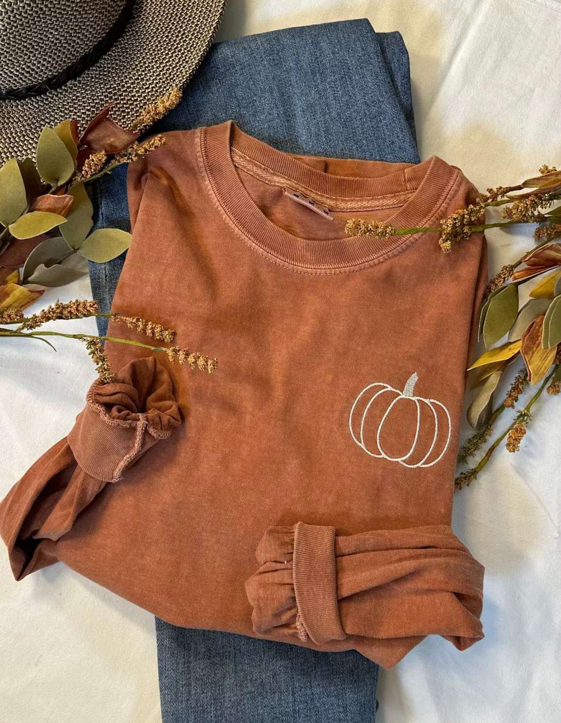 Pumpkin Comfort Colors Embroidered Long Sleeve Tee