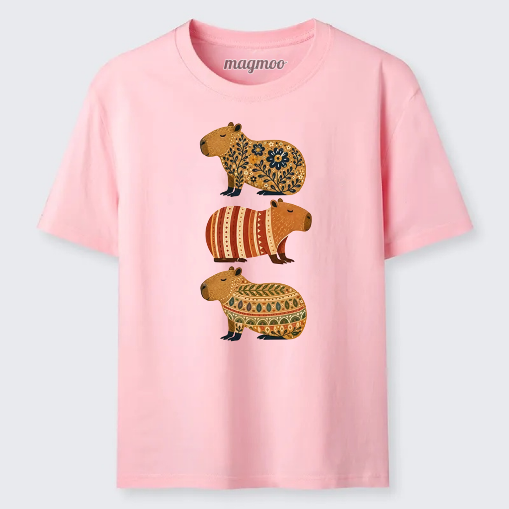 Magmoo Folk Floral Striped Capybara Trio Print Classic T-shirt