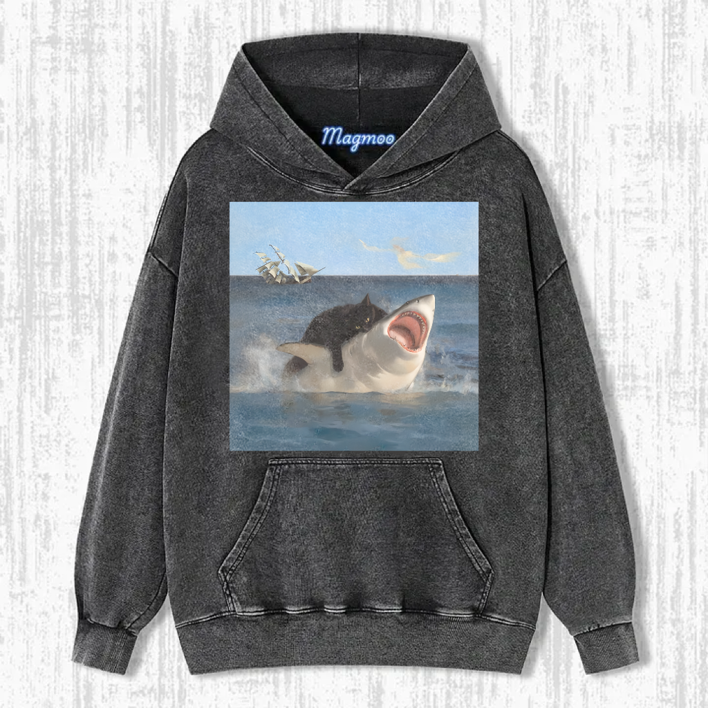 Funny Black Cat Bites Shark Shirt/Sweatshirt/Hoodie-Magmoo