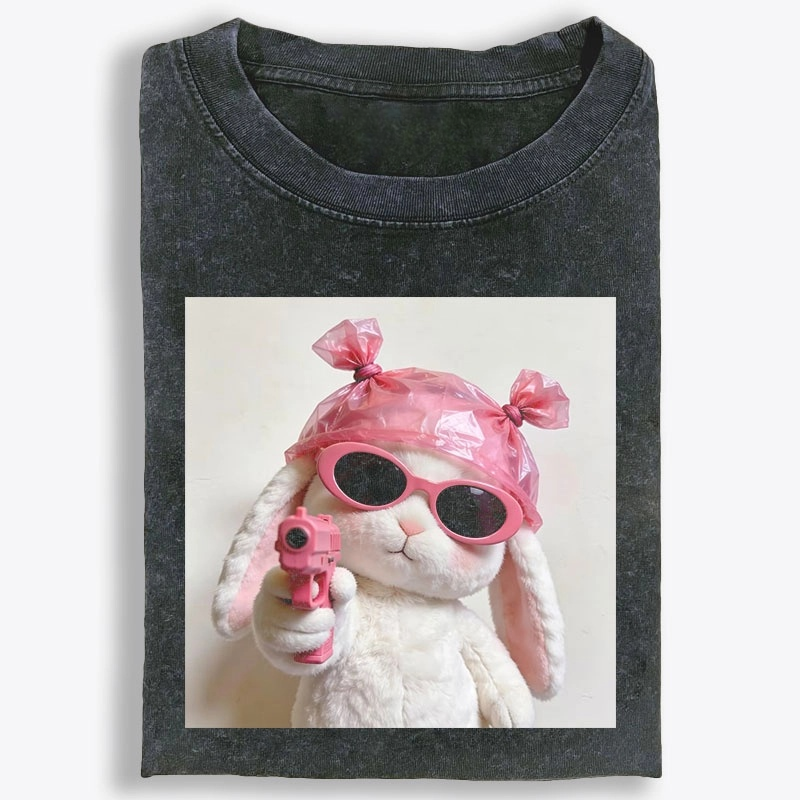 Pink Gun Gangsta Bunny Meme Retro Washed T-Shirt