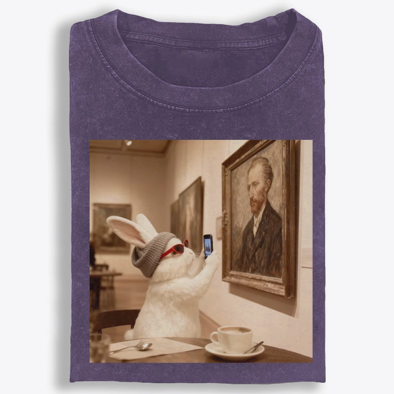 Art Bunny Taking Selfie With Van Gogh Meme Retro Washed T-Shirt