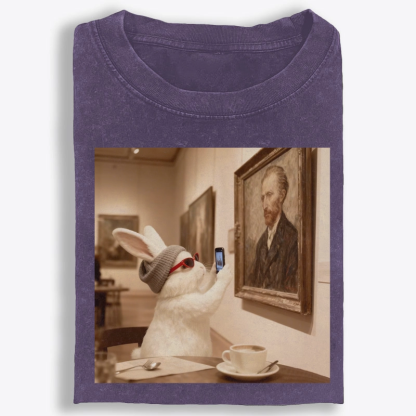 Art Bunny Taking Selfie With Van Gogh Meme Retro Washed T-Shirt