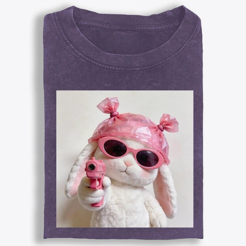 Pink Gun Gangsta Bunny Meme Retro Washed T-Shirt