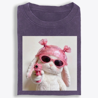 Pink Gun Gangsta Bunny Meme Retro Washed T-Shirt
