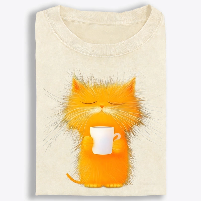 Fluffy Orange Cat with Coffee Retro Washed T-Shirt