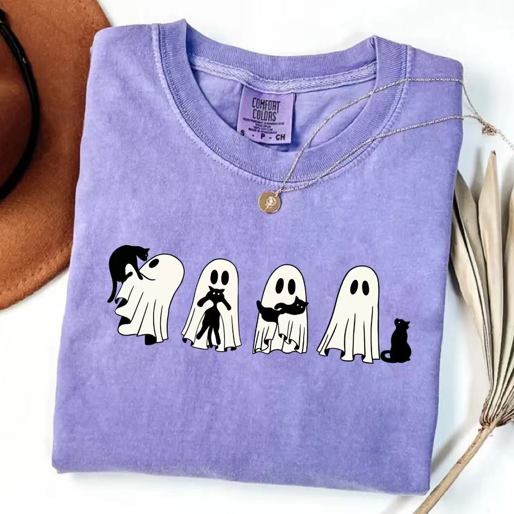Halloween Black Cat & Ghost Comfort Colors Shirt-Magmoo