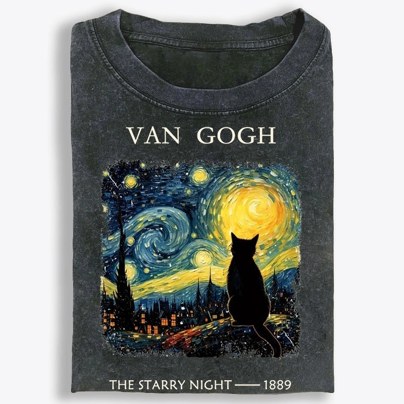 Van Gogh Starry Night Cat Retro Washed T-Shirt
