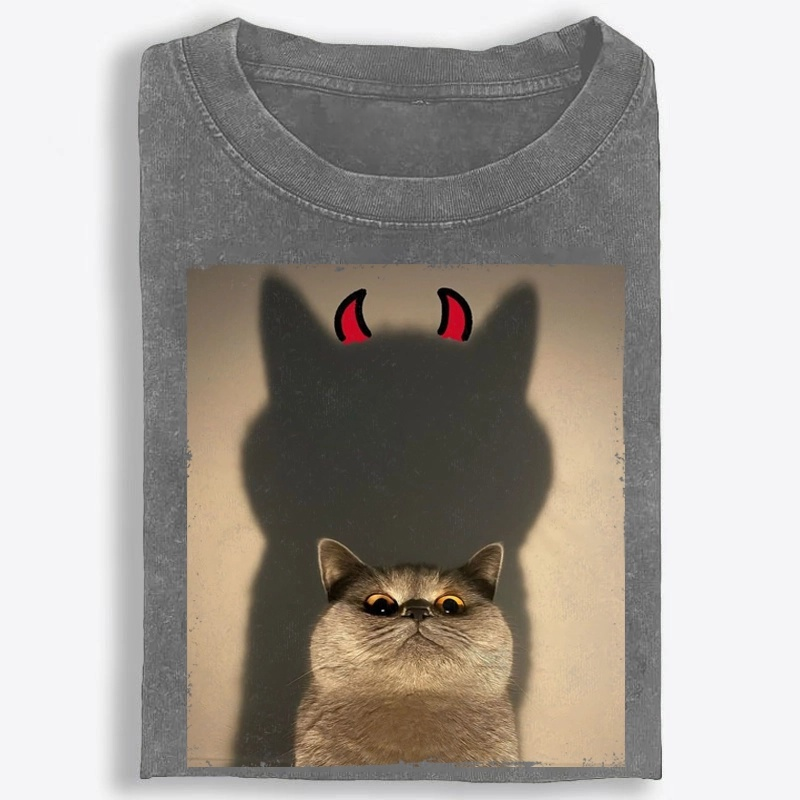 Demon Shadow Cat Meme Retro Washed T-Shirt