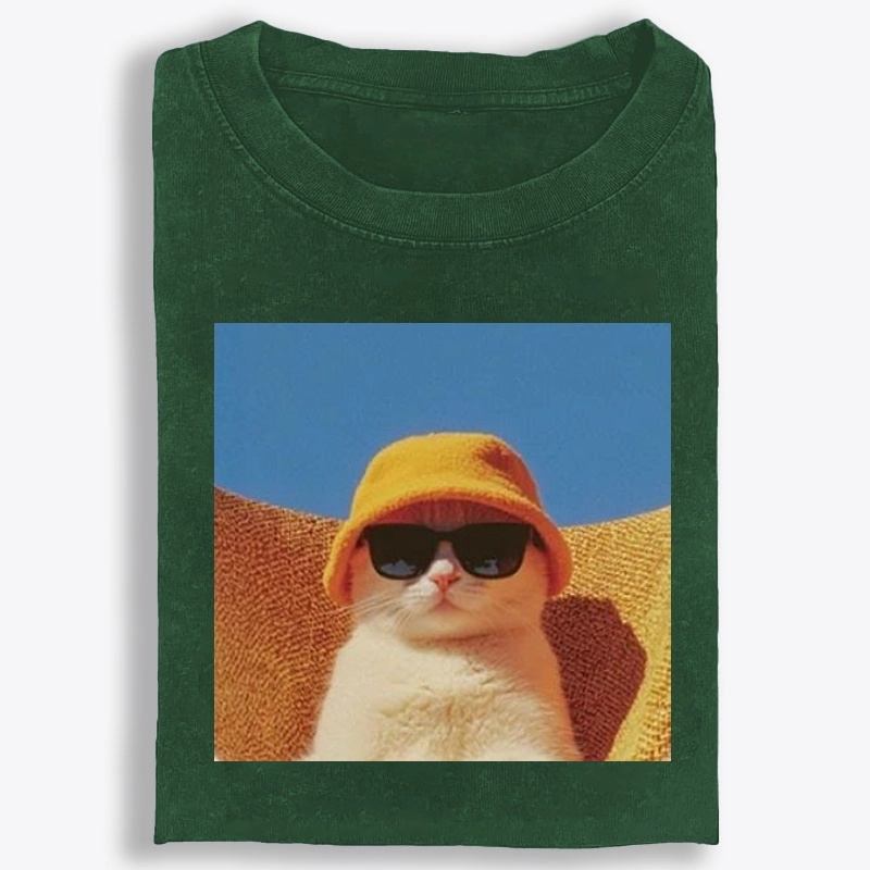 Cool Cat In Yellow Bucket Hat Streetwear Retro Washed T-Shirt