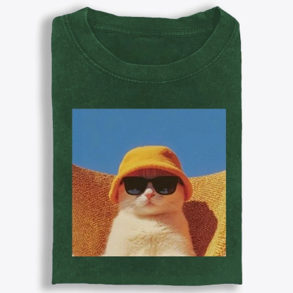Cool Cat In Yellow Bucket Hat Streetwear Retro Washed T-Shirt