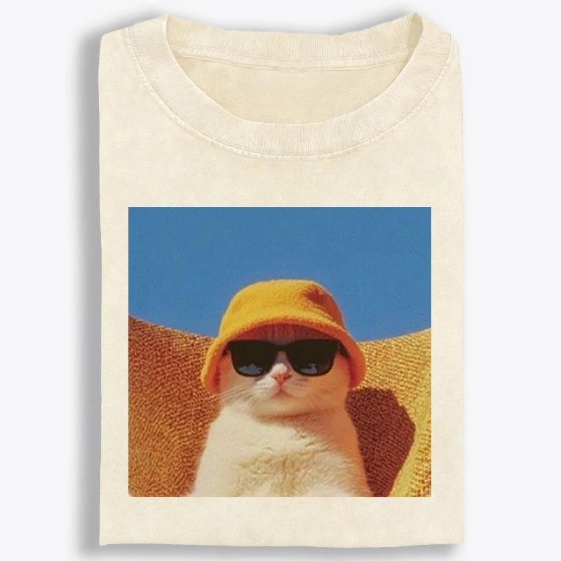 Cool Cat In Yellow Bucket Hat Streetwear Retro Washed T-Shirt